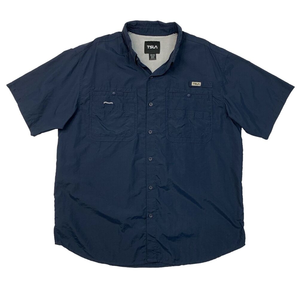 TSLA Shirt Mens L Large Navy Button Down Short Sleeve Vented Performance Fishing